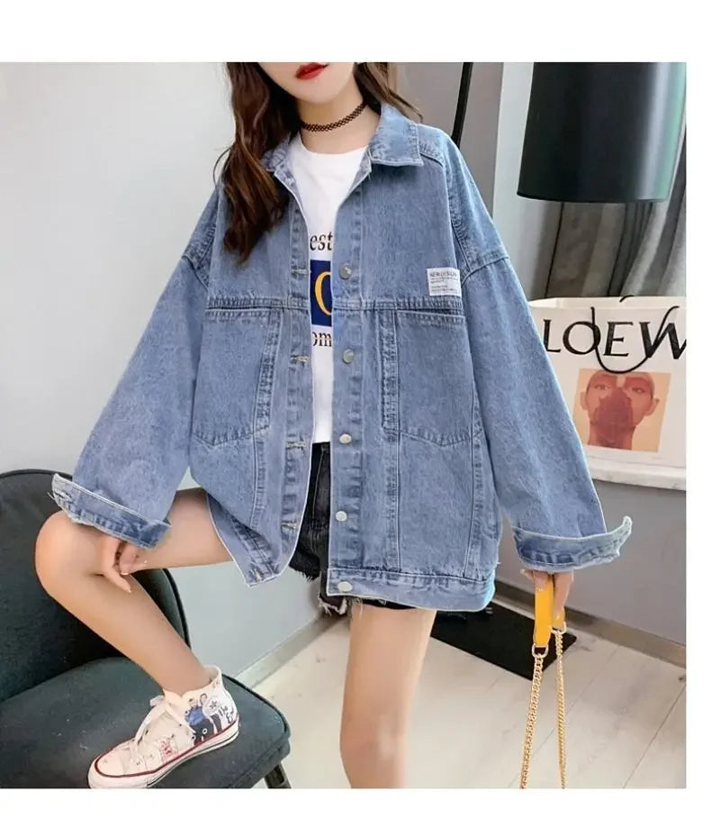 Casual Long Sleeve Denim Shirt Women's Versatile Spring Autumn Wear Multiple Times Outerwear Polyester Fiber Loose Fit Good Vibrations