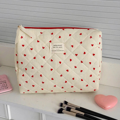 Ins Fashion Heart Women Quilted Makeup Bag Large Capacity Toiletry Cosmetic Storage Pouch Handbag Ladies Zipper Make Up Bag Good Vibrations