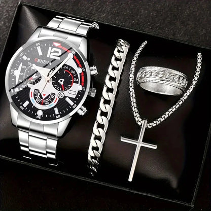 4pcs gold alloy Roman with calendar men's quartz watch and cross necklace bracelet ring set selected gift Good Vibrations