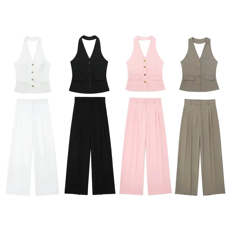 MUJER Pants Sets For Women 2 Pieces Off Shoulder Sleeveless Vest Woman Outfit Fashion Wide Leg Pants Elegant Casual Women's Set Good Vibrations