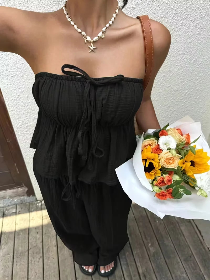2 Piece Sets Woman Outfits, New Women's Casual Two-Piece Lace Up Top and Pants Good Vibrations
