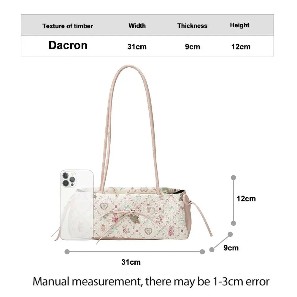 Cartoon Print Shoulder Bag Sweet Women Bow Underarm Bag Commuter Versatile Handbag Pleated Tote Bag Casual Practical Bag Good Vibrations