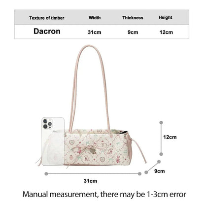 Cartoon Print Shoulder Bag Sweet Women Bow Underarm Bag Commuter Versatile Handbag Pleated Tote Bag Casual Practical Bag Good Vibrations
