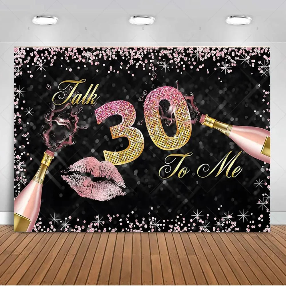 30th Birthday Party Decor Background Pink Black Gold Glitter Woman Man 30 Years Old Photography Backdrop Supplies Adult Gifts Good Vibrations