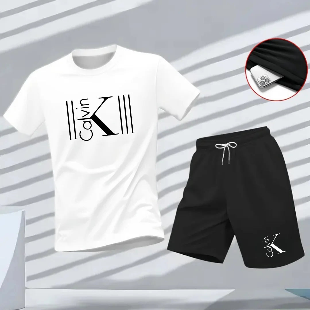 2025 Men's Breathable Sports Pattern Printed T-Shirt Casual Fashion Short-Sleeved T-Shirt Summer Streetwear Top Two-Piece Set Good Vibrations
