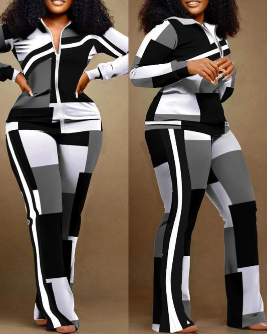 Two Piece Set Women Outfit 2023 Autumn Fashion Geometric Print Stand Collar Long Sleeve Zip Up Top & Casual Sporty Pants Set Good Vibrations
