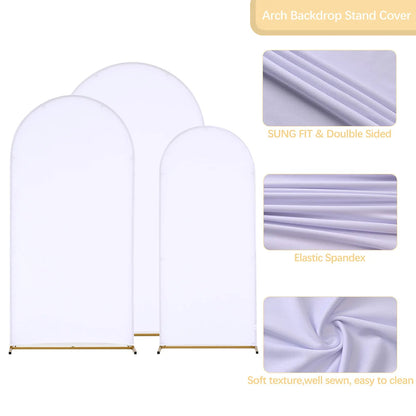 Wedding Arch Backdrop Stand and Cover Set (7.2FT, 6.6FT, 5.9FT) 3 Gold Metal Arch Stands 3 White Spandex Arch Covers for Party Good Vibrations