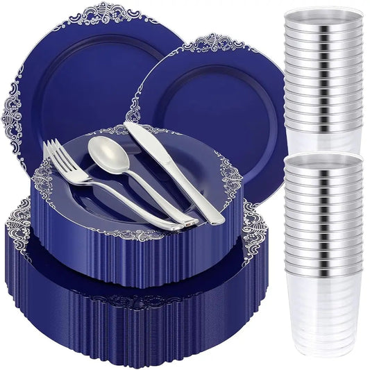 300 Pcs Navy Blue Plastic Plates Heavy Duty Blue And Silver Disposable Dinnerware, Lude 50 10. 2"" Dinner Plates, 50 7. Good Vibrations