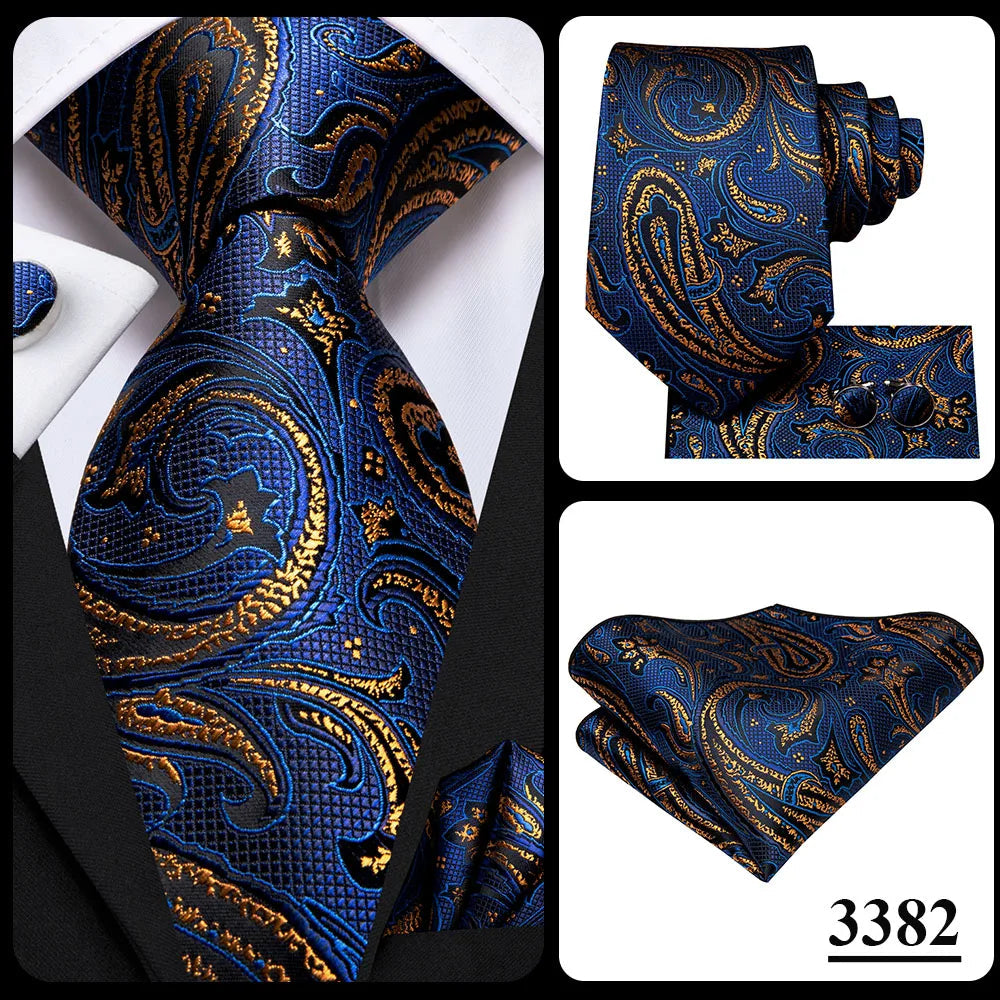 Hi-Tie Navy Blue Solid Paisley Silk Wedding Tie For Men Hanky Cufflink Mens Necktie Set Business Party New Design Dropshipping Good Vibrations