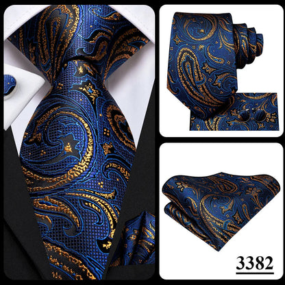 Hi-Tie Navy Blue Solid Paisley Silk Wedding Tie For Men Hanky Cufflink Mens Necktie Set Business Party New Design Dropshipping Good Vibrations