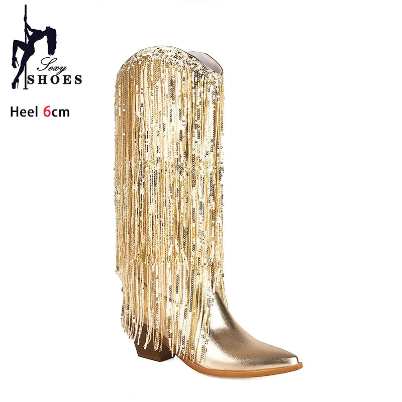 Women Western Fringe Boot 2024 New Cowgirls Blue Sequin Glitter High Heels Nightclub Club Shoes Woman Stage Show Mid-Calf Boots Good Vibrations
