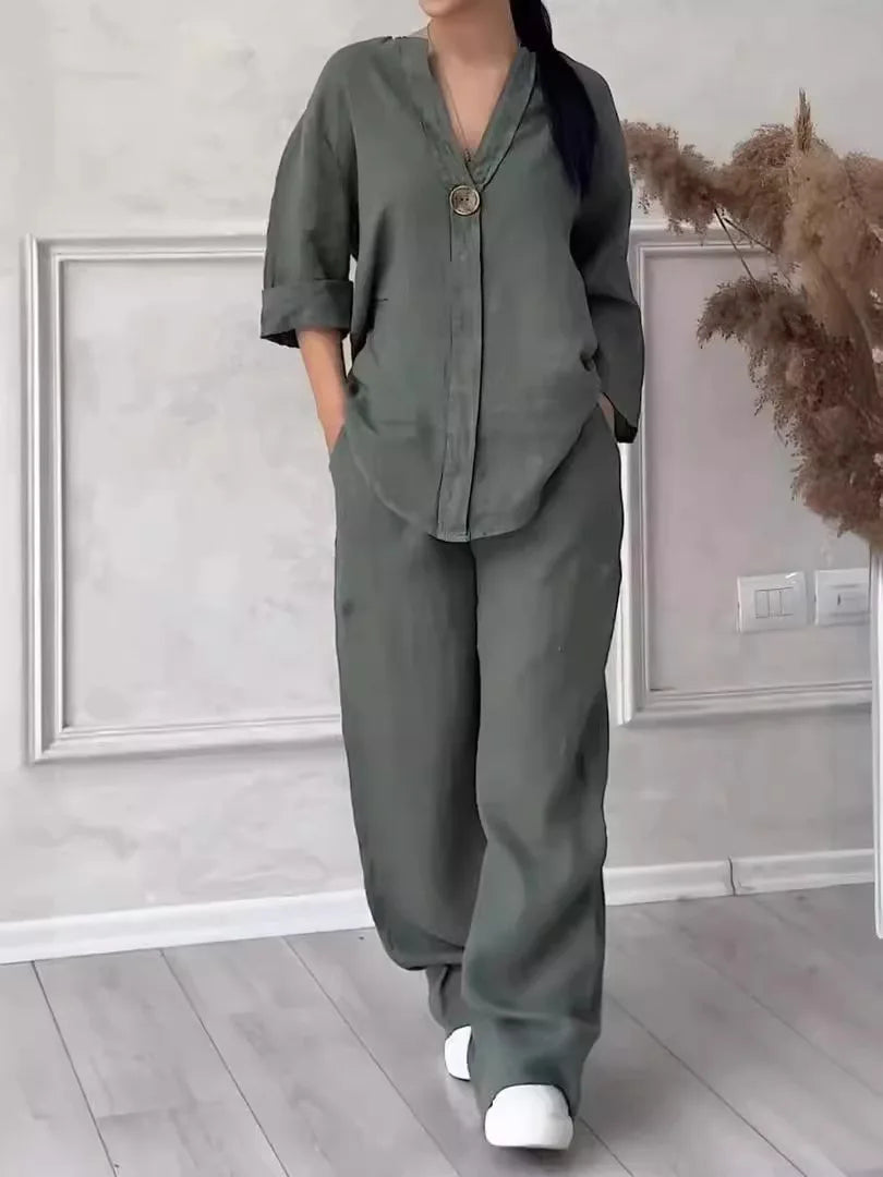Muslim Sets Women 2 Piece Suit Shirt Wide Leg Pants Outfits 2025 Ensemble Button Lace Up Elastic Waist Blouse Straight Trousers Good Vibrations