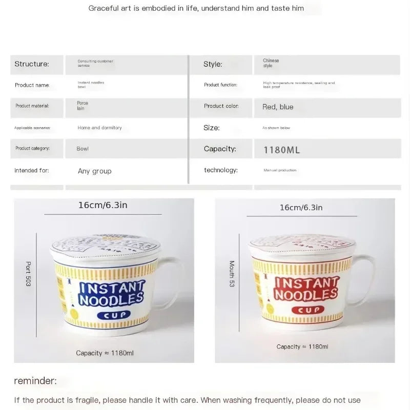 1pc Large Capacity Ceramic Instant Noodle Bowl with Cover，Perfect for Dorms and Home Kitchens - Keep Your Noodles Fresh and Warm Good Vibrations