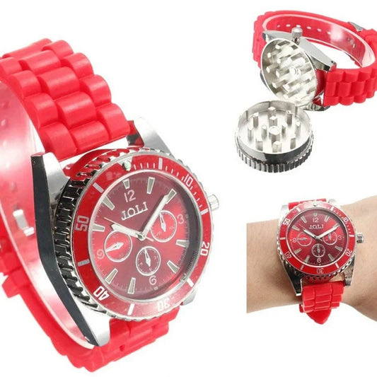 Portable watch style tobacco grass grinder with red strap, 42mm diameter, for outdoor travel and DIY smoking.