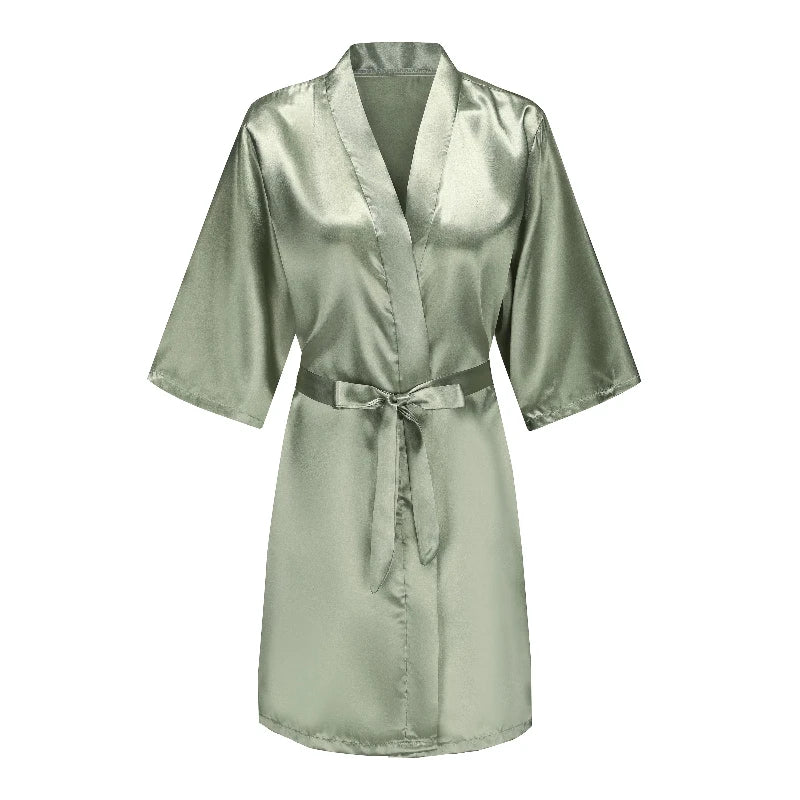 Grass Green Women's White Letter Bride Bridesmaid Short Satin Robes for Wedding Party Getting Ready Good Vibrations