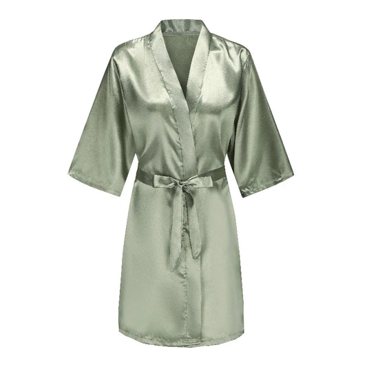 Grass Green Women's White Letter Bride Bridesmaid Short Satin Robes for Wedding Party Getting Ready Good Vibrations