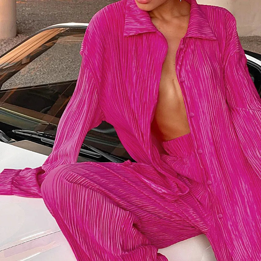 New Two Piece Set Women Outfits Pleated Women's Elegant  Drape Loose Sets Shirt High Waist Trousers Female Suit Fashion Casual Good Vibrations