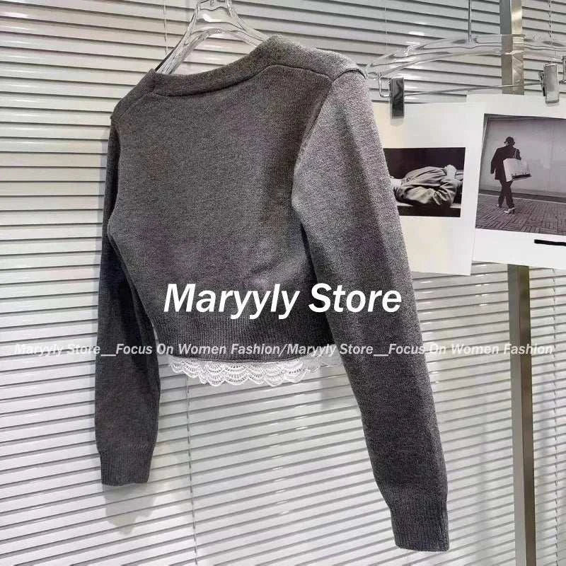 2024 autumn casual slim knitted sport suit for women featuring a lace-trimmed V-neck cardigan and high-waist shorts in solid color.