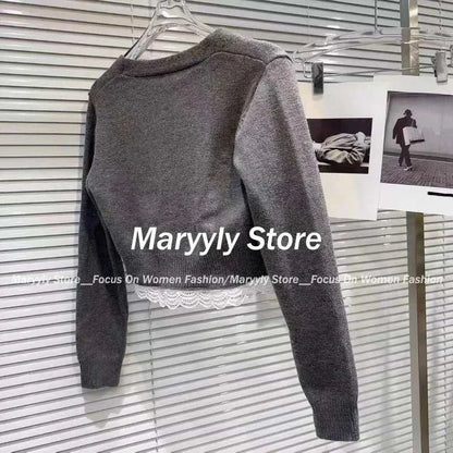 2024 autumn casual slim knitted sport suit for women featuring a lace-trimmed V-neck cardigan and high-waist shorts in solid color.