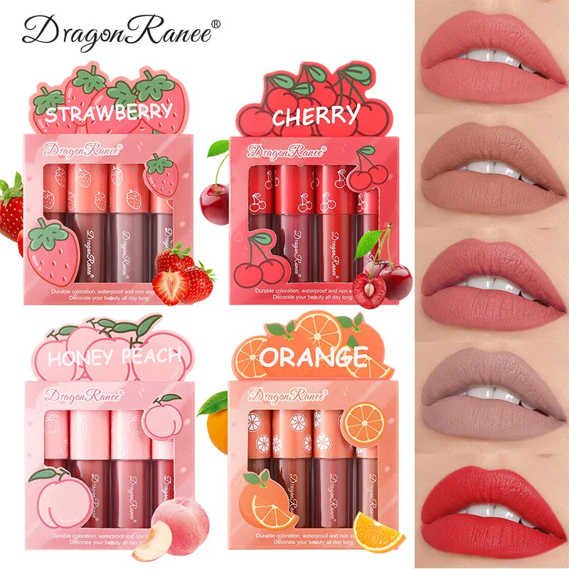 Mini Velvet Matte Lip Gloss Set, 4-Piece Non-Fading, Non-Stick Cup, Long-Lasting Fruit Scented Lip Tint, Smooth and Lightweight Good Vibrations