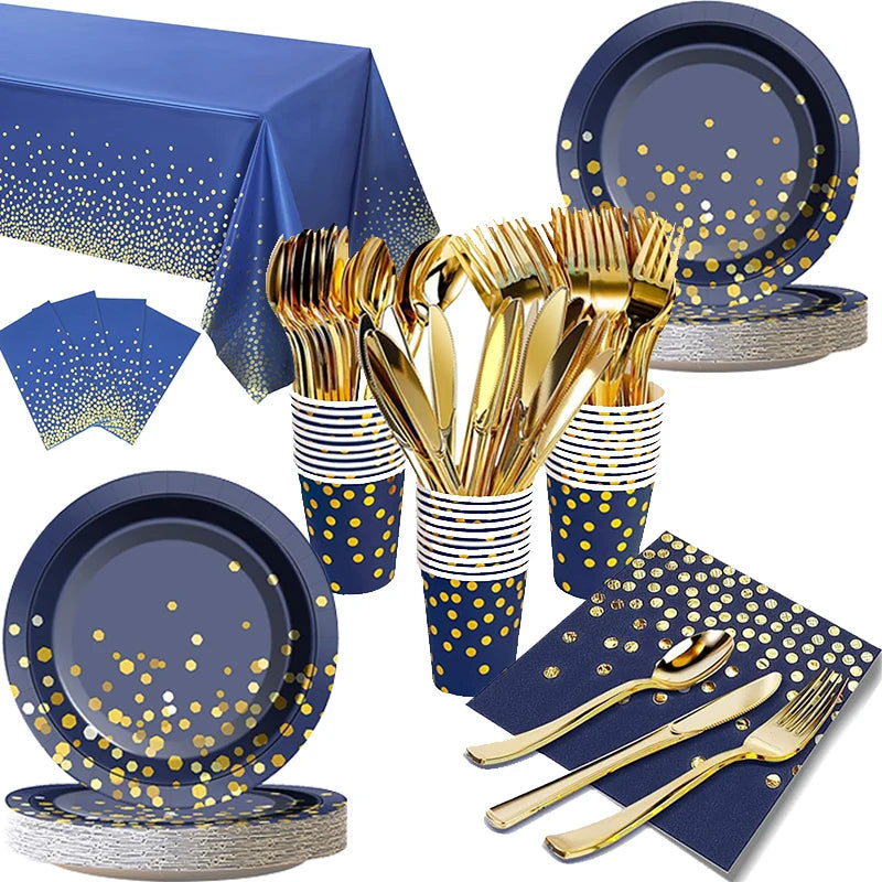 Navy Blue Gold Party Decorations Blue and Gold Disposable Tableware Set Paper Plates Cups Napkin Tablecloth Wedding Anniversary Good Vibrations