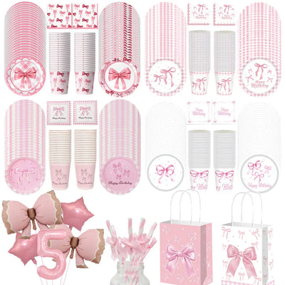 Pink Bow Birthday Party Supplies Disposable Bow Themed Tableware Set Engagement Wedding Girls Birthday Bachelorette Party Decor