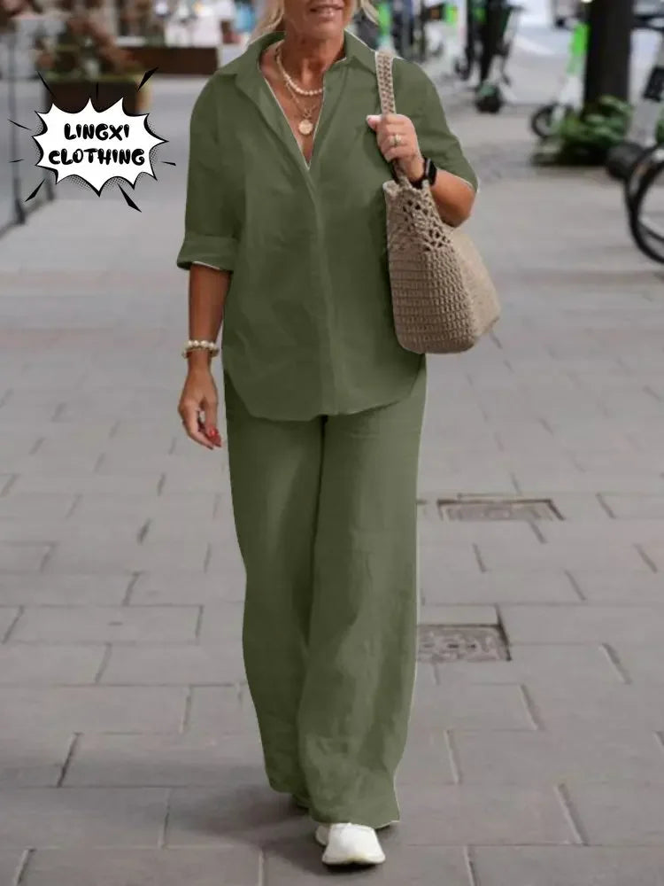 Summer Women's Two-Piece Women's 2024 New Lapel Long Sleeve Shirt Casual Solid Color Long Pants Set Two Piece Set for Women Good Vibrations