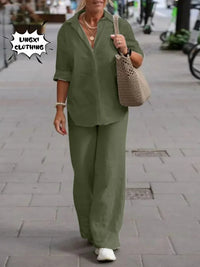 Summer Women's Two-Piece Women's 2024 New Lapel Long Sleeve Shirt Casual Solid Color Long Pants Set Two Piece Set for Women Good Vibrations