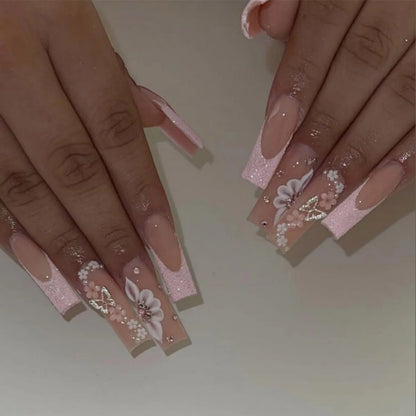 24Pcs Extra Long Square Fake Nail with Glue 3D Little Bear Bow Design False Nails White French Press on Nails Wearable Manicure Good Vibrations