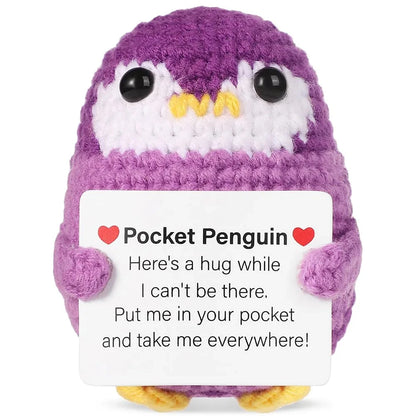 Funny Positive Energy Penguin Hug Pocket Doll Mini Handmade Plush Knitted Penguin Ornament Home Room Decoration Christams Gift Good Vibrations