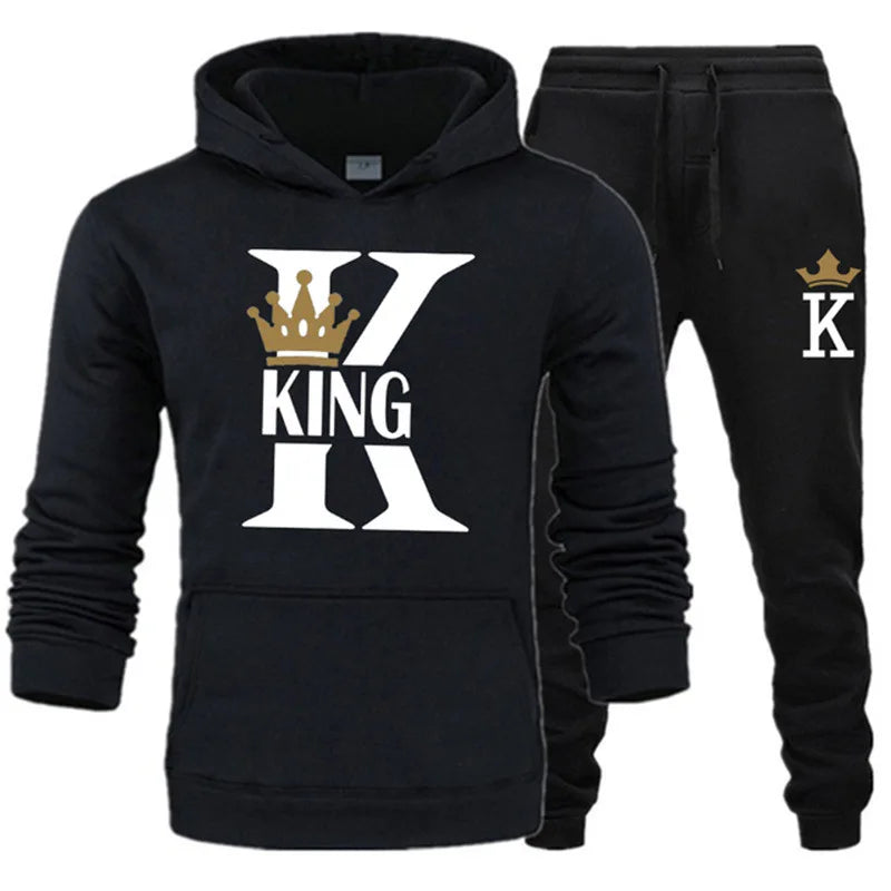 2024 New Autumn and Winter Men's and Women's Sweater Set KING QUEEN Loose Relaxed Hooded Print Couple Set Good Vibrations