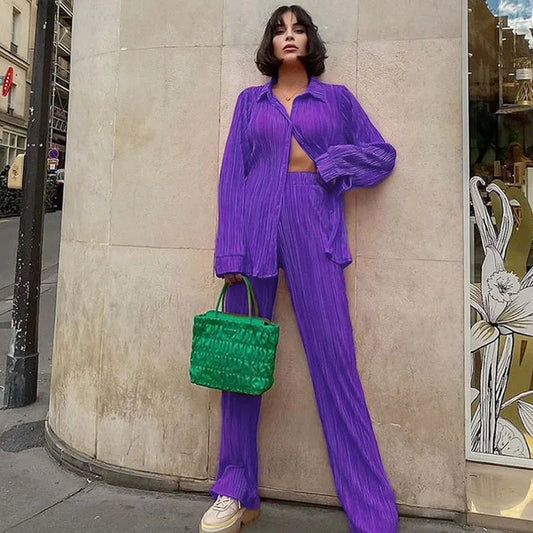 New Two Piece Set Women Outfits Pleated Women's Elegant  Drape Loose Sets Shirt High Waist Trousers Female Suit Fashion Casual Good Vibrations