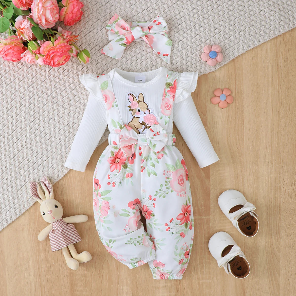 3Pcs Baby Girl Set Flying Sleeve Pit Strip jumpsuit+Printed Strap Pants+Headband Set 0-24 Months Baby Girl Spring Autumn Set Good Vibrations