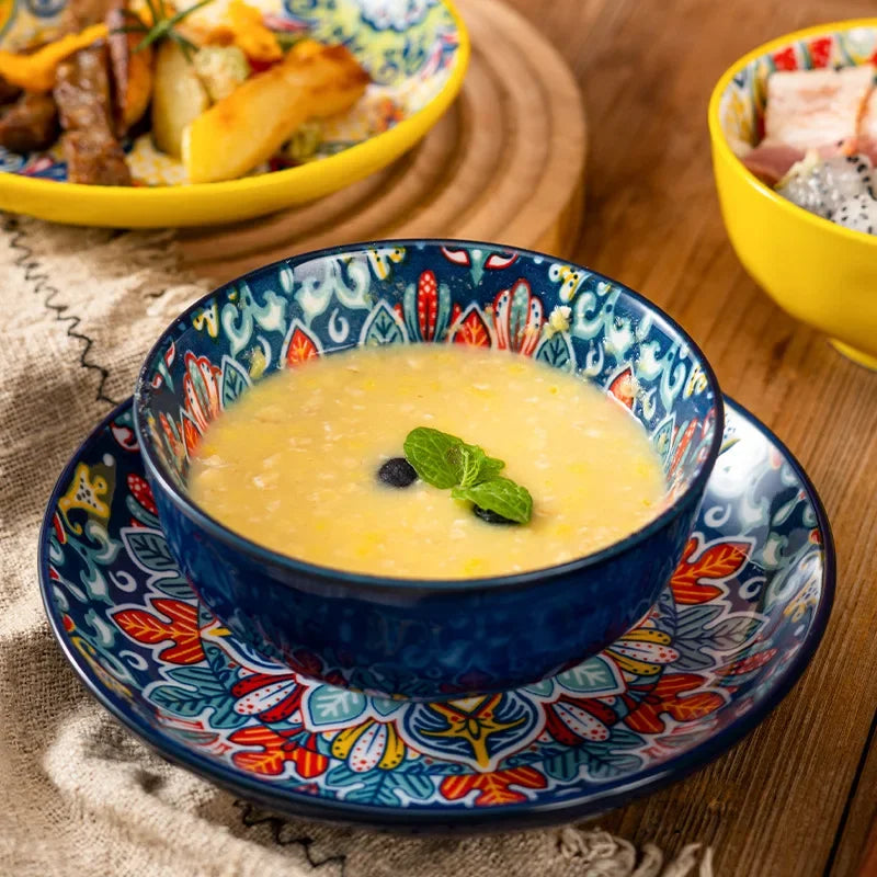 Ceramic Tableware Set Three-Piece Household Rice Bowl Plate Spoon Set Restaurant Hot Pot Barbecue Shop Commercial Good Vibrations