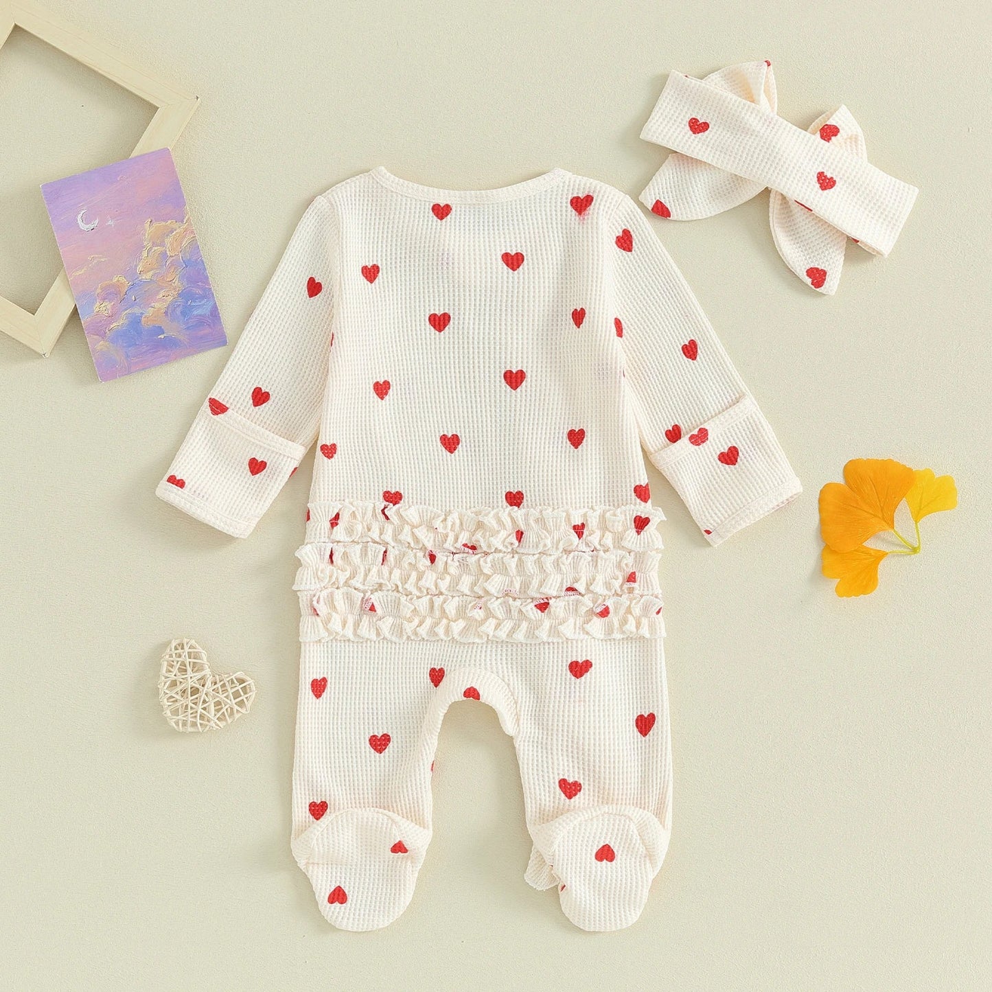 Pudcoco Baby Girls Valentines Day Foot Cover Jumpsuit Long Sleeve Crew Neck Heart Print Ruffle Zipper Footies with Headband 0-6M Good Vibrations