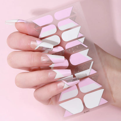 16Tips DIY Baking-Free Nail Stickers Shiny French Stripes Nail Patch Full Cover Adhesive Nail Wraps Manicures Decoration Decal Good Vibrations