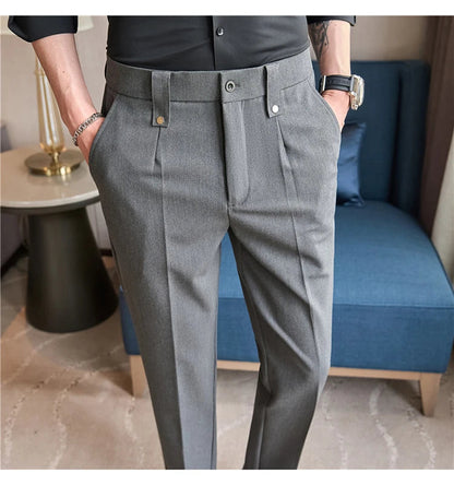 Mens Suit Pants 2025 Autumn New British Style Elastic Waist Solid Casual Formal Dress Pants Slim Fit Trousers for Men Clothing Good Vibrations