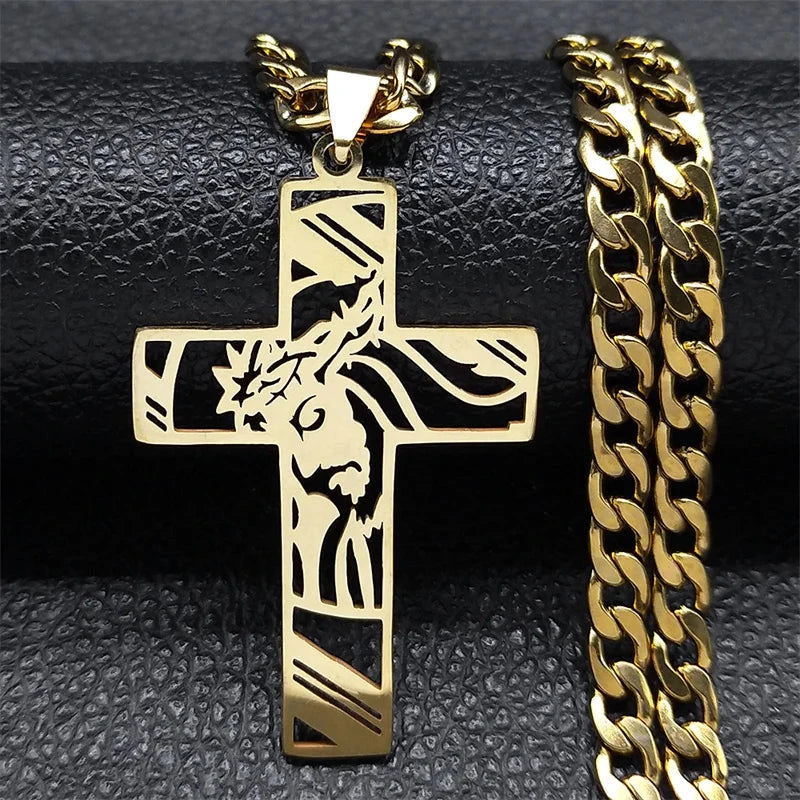Hip Hop Punk Crown of Thorns Jesus Cross Necklace for Men Stainless Steel Gold Plated Crucifix Pendant Necklaces Jewelry N8052 Good Vibrations
