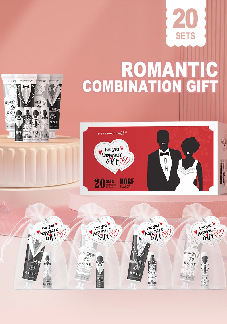 20 sets of wedding dress and suit theme gifts include hand cream, lipstick, white drawstring bag and wedding love greeting card