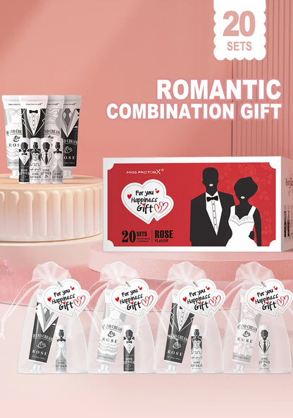 20 sets of wedding dress and suit theme gifts include hand cream, lipstick, white drawstring bag and wedding love greeting card