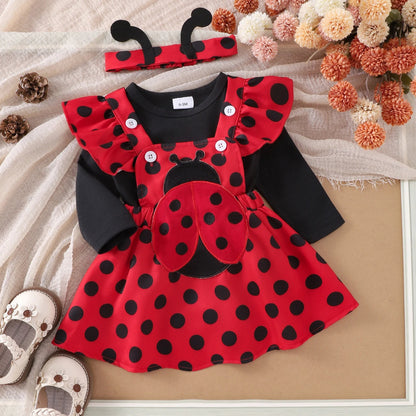 FOCUSNORM 3pcs Lovely Baby Girls Autumn Clothes Sets Flying Sleeve Solid/Striped Romper Embroidery Suspender Dress Headband Good Vibrations