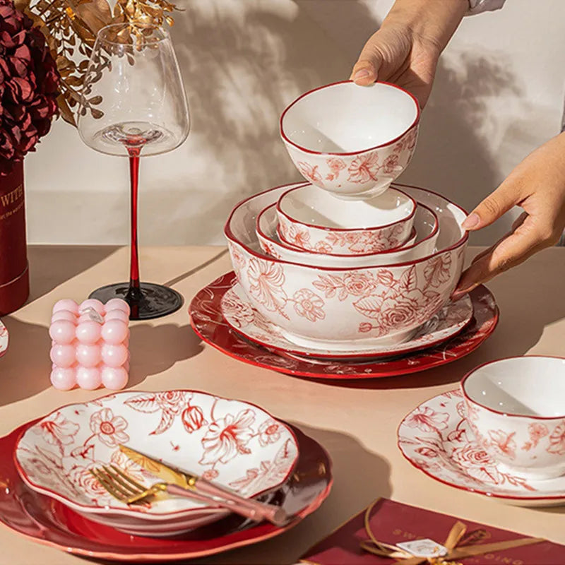 1Set New Luxury Red Rose Ceramic Tableware Household Bowl Spoon Plate Dinner Dinsh Kitchen Cutlery Home Decor Good Vibrations