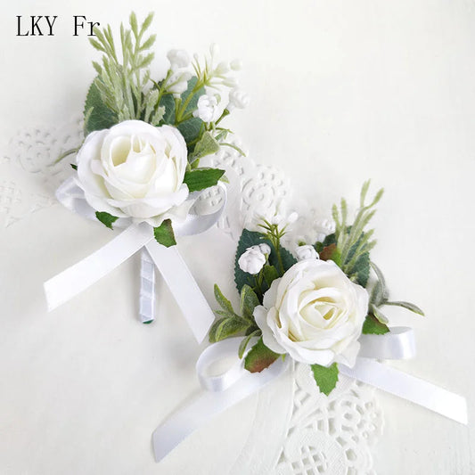 White Boutonniere Wedding Accessories Groom Buttonhole Wrist Corsage Brooch Flowers Artificial Silk Roses Bridesmaids Bracelets Good Vibrations