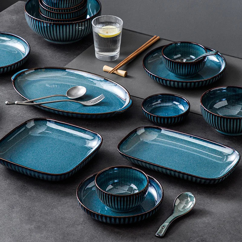 Blue Kiln Glazed Ceramic Plates, Microwaveable Dinner Plates, Round Rice Salad Bowls, Household Tableware Good Vibrations