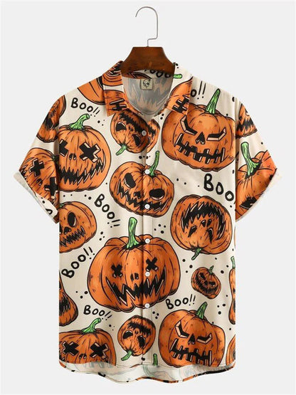 Men's Fashion Halloween Shirt Summer Cute Style Men's Clothing Party Holiday Men Top Pumpkin Head Print Boys' Short Sleeve Shirt Good Vibrations