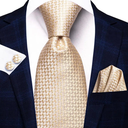 Hi-Tie Champagne Gold Striped Paisley Solid Men Silk Wedding Tie Fashion Design Necktie For Men Hanky Cufflink Business Party Good Vibrations