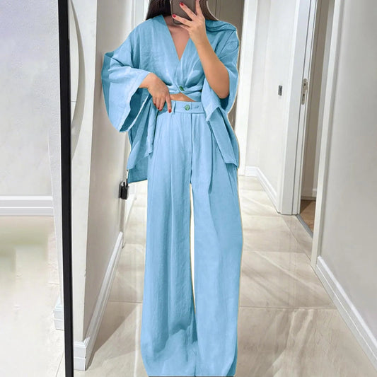 Two Piece Outfits For Women V Neck Button Down Shirt Top And Wide Leg Pants Set Loose Sweatsuits Conjunto Dos Piezas Mujer Good Vibrations