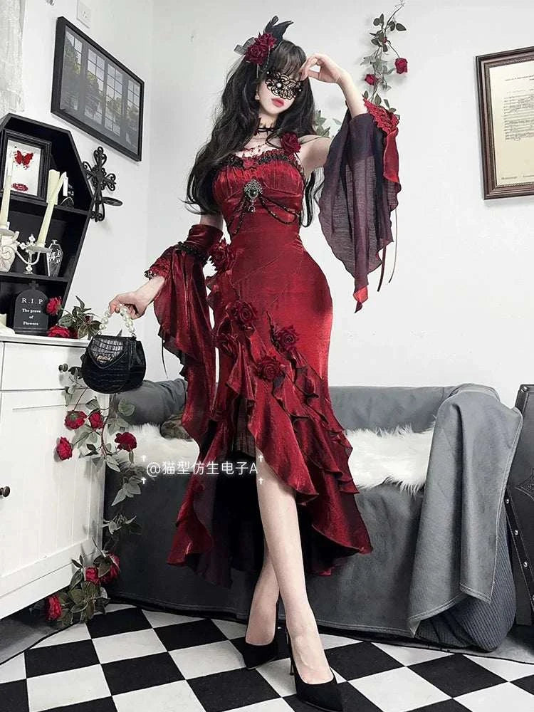 Red rose fish tail elegant royal sister dress - Stylish Fit