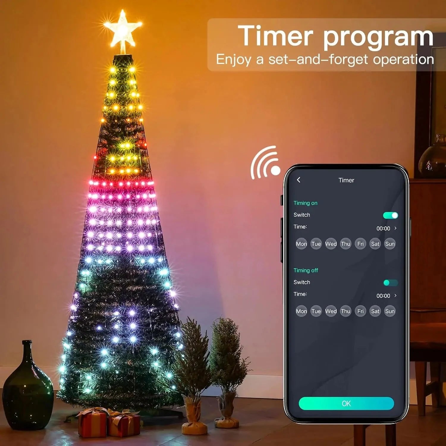 Smart Christmas Tree Lights with Star Topper, Music Sync Outside String Lamps with Remote & APP Controlled for Yard Display Good Vibrations