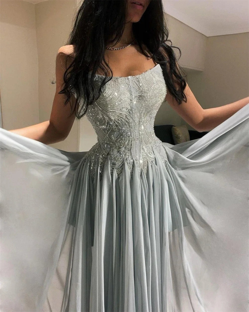 Customized Prom Dresses Exquisite  Strapless A-line Celebrity  Sequin Draped Chiffon Occasion Evening Gown  prom dress for black Good Vibrations